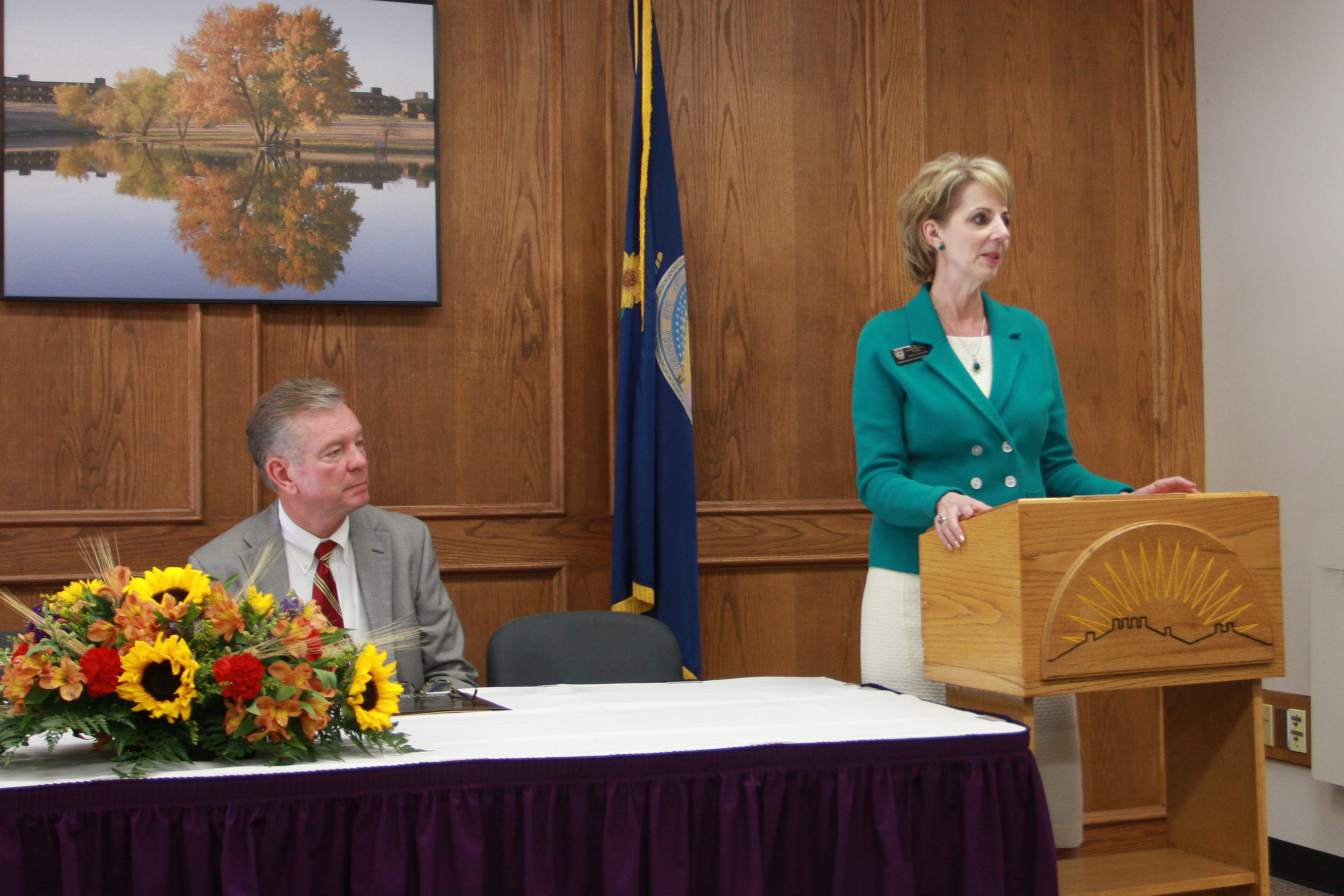 Dr. Harold Nolte, president of DC3 listens as Dr. Tisa Mason, president of FHSU discusses the memorandum of understanding