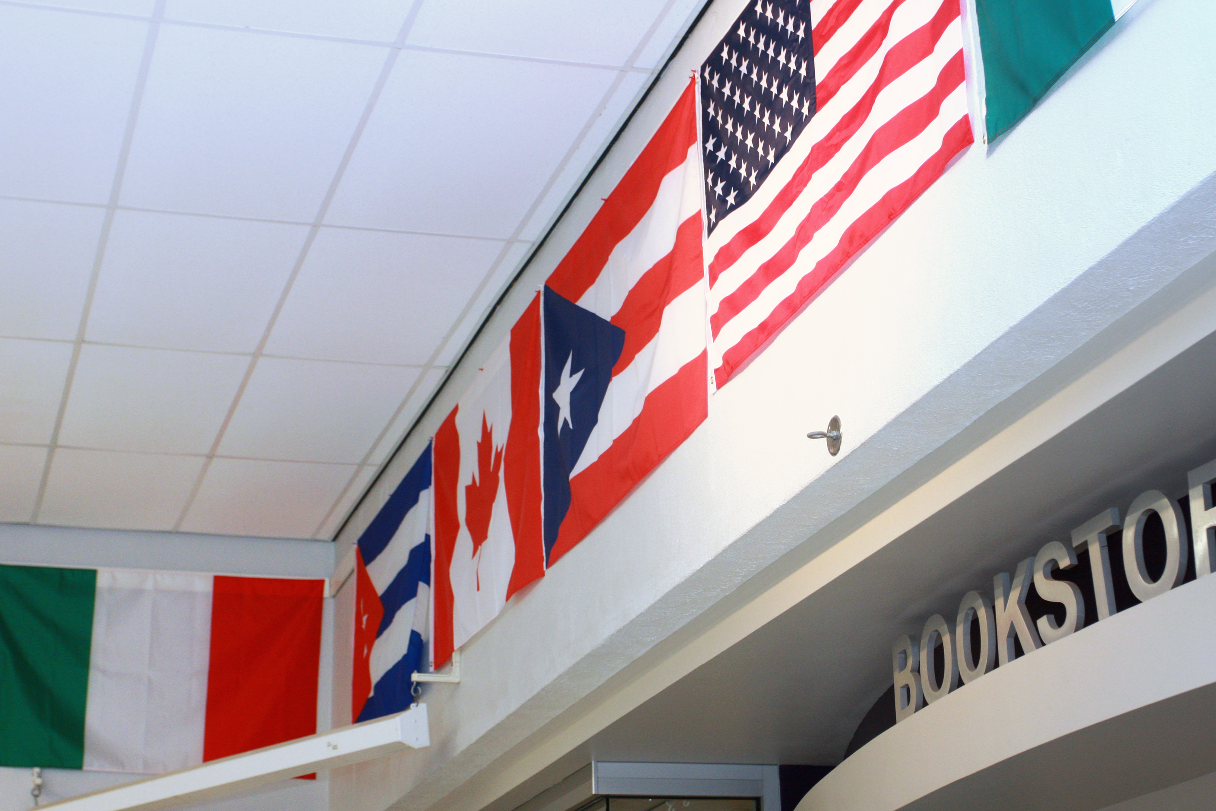 Closeup of international flags on display in the DC3 cafeteria